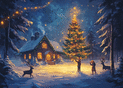 Sapin illumin&eacute; et renne sous la neige